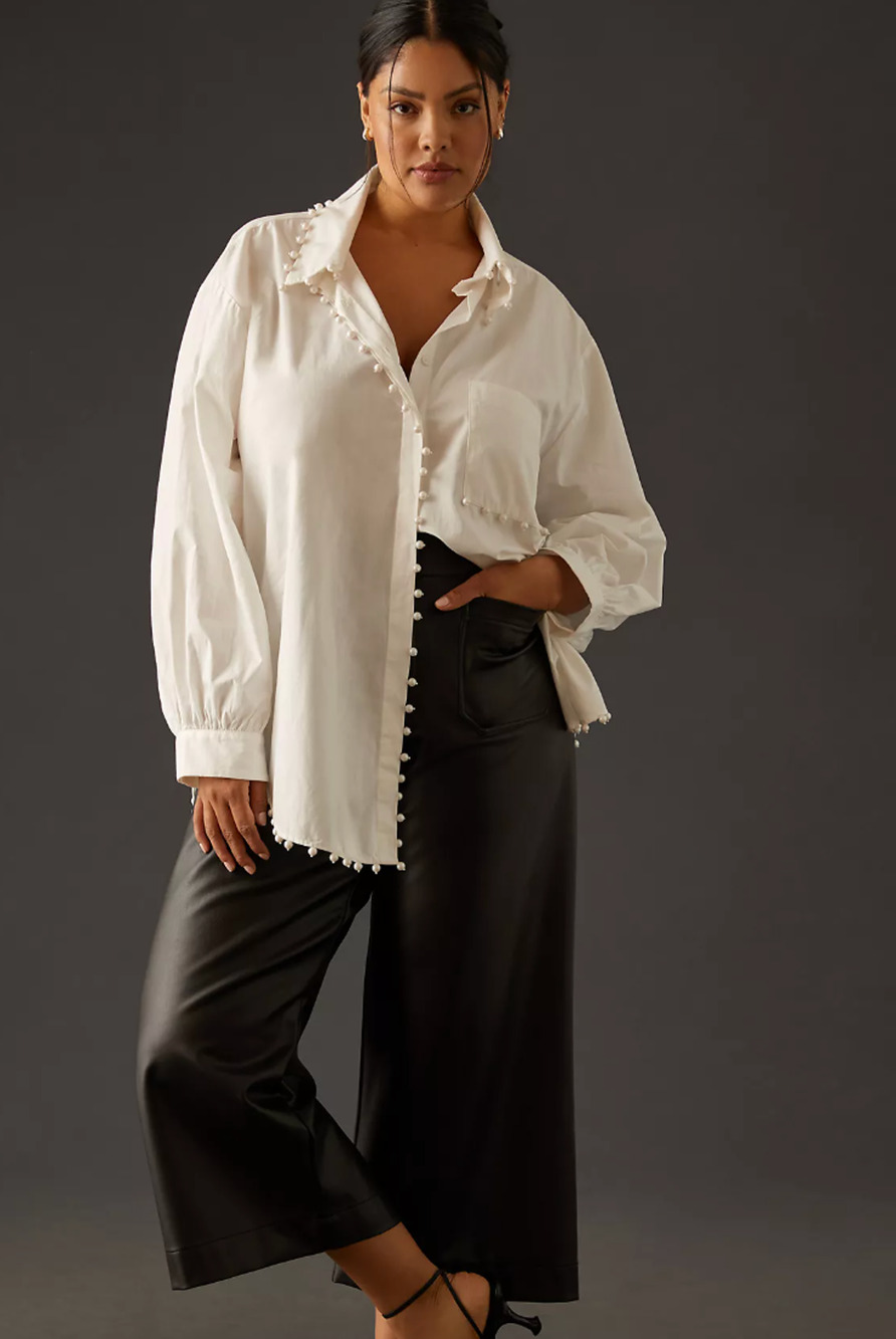 Me Me Me Black Studded Trim Button Down Tunic Shirt Anthropologie, Sz 1X White